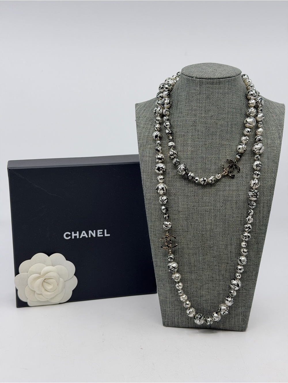 Chanel Fall 2013 Black & White Splatter Bead CC Long Sautoir Necklace